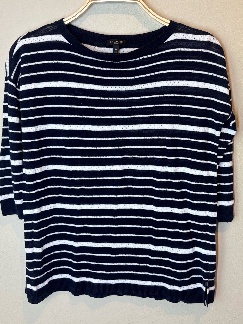 Talbots Petites linen blend 3/4 sleeve Navy & White Striped Sweater, small, SP